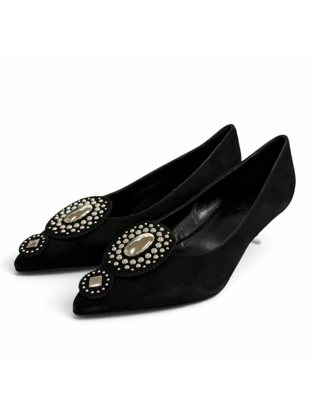 Hermes Silver Studded Pointed Toe Suede Leather Pumps Black Heel